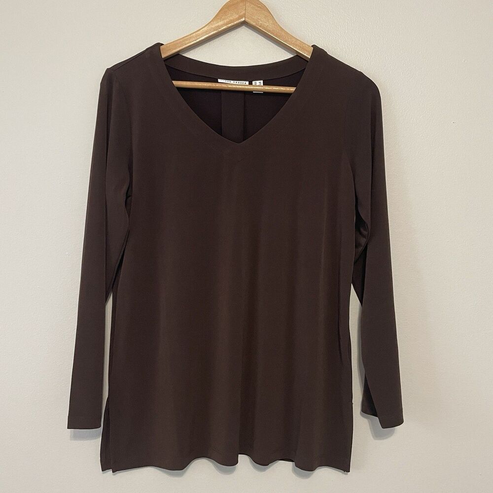 Susan Graver Liquid Knit Top M Petite Chocolate Brown Stretch Office Travel